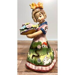 Vintage Ceramic Girl With Flowers Figurine Candleholder Hand-Painted Pastel Colo
